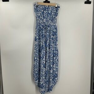 Joyous Blue White Ikat‎ Print Strapless Jumpsuit Small Smocked Waist Tulip Hem